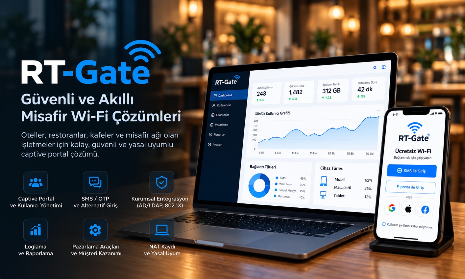 RT-Gate misafir Wi-Fi yönetim paneli ve bağlantı ekranı